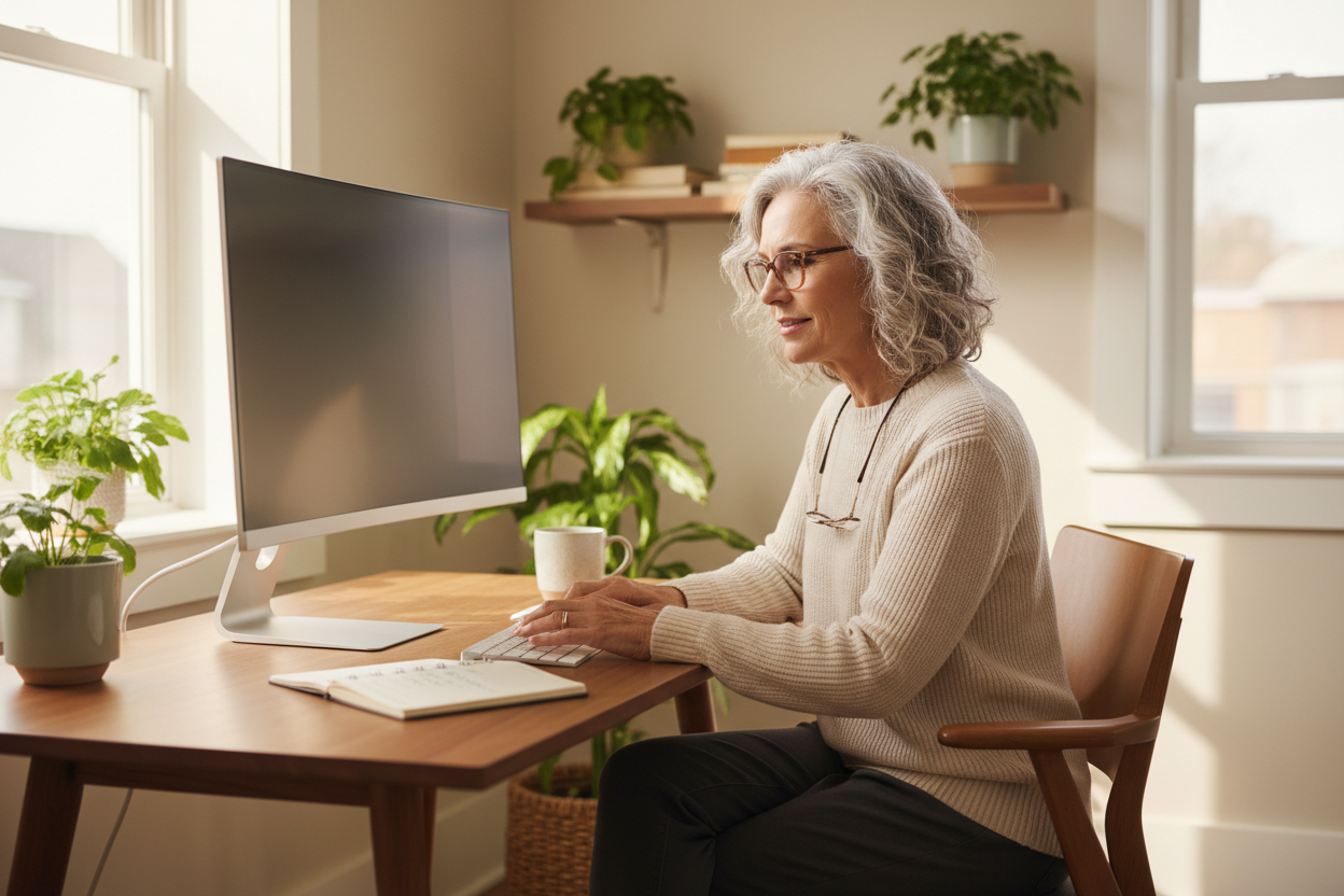 older woman in her 60s on a computer