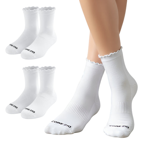 CopperJoint Women's Ruffle Ankle Socks 3-pack — white ruffle style front view
