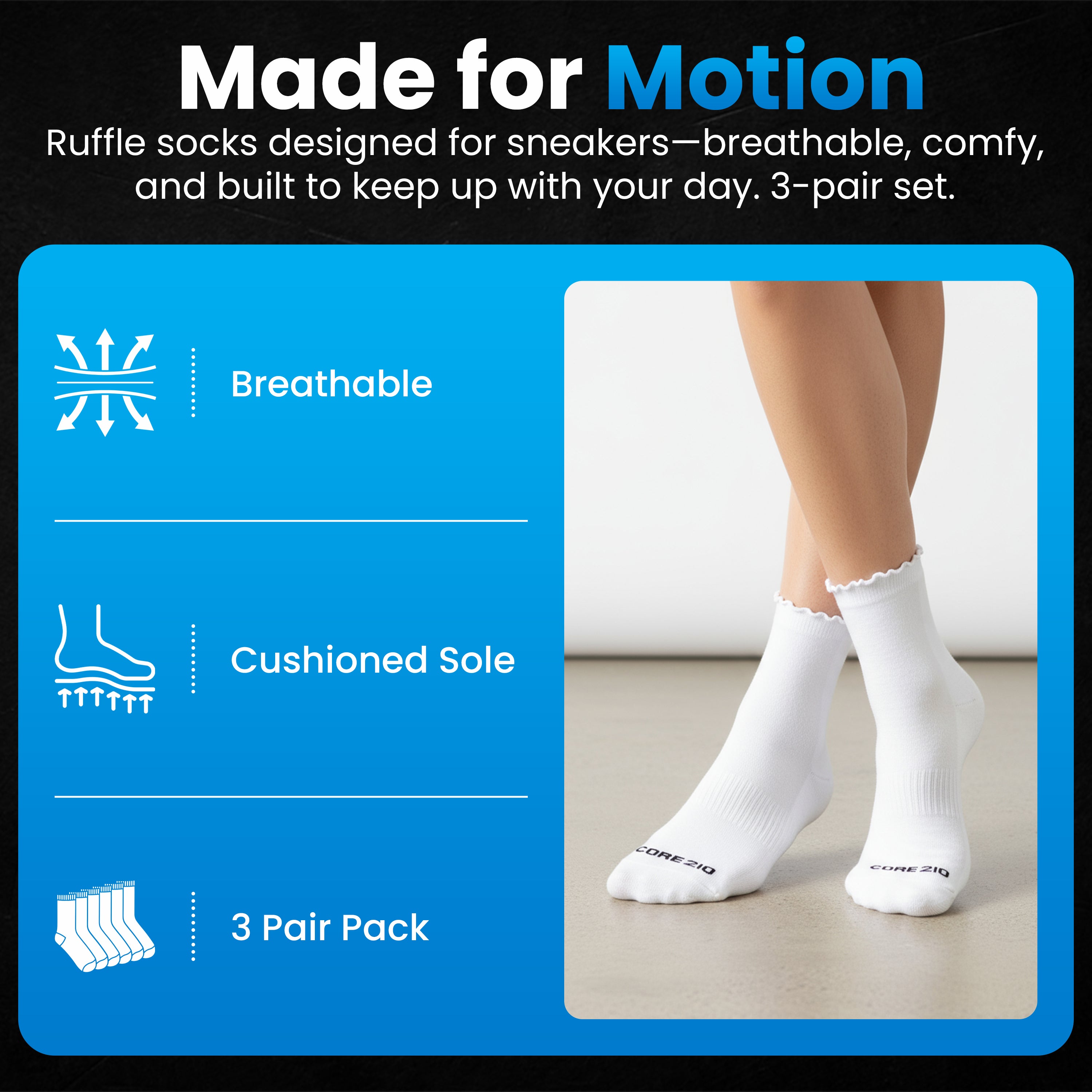 COMING SOON - CORE210 Womens Short Socks Ruffle 3 Pack - White