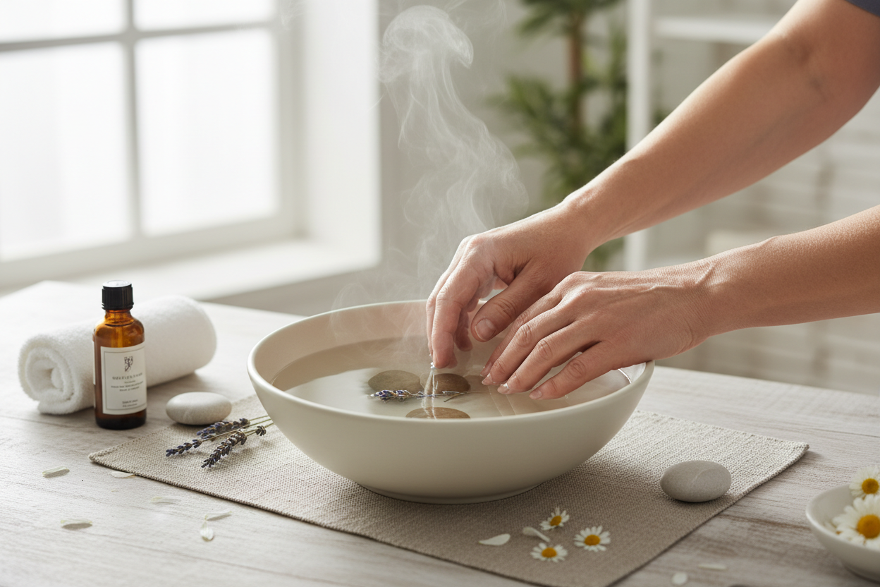 hand soaking in warm water 